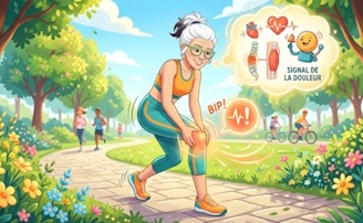 Illustration dynamique et lumineuse mettant en scène un avatar stylisé de femme mûre aux cheveux blancs et lunettes vertes en train de courir dans un parc fleuri. Elle s'arrête en souriant suite à un signal au genou, illustrant de manière positive le langage du corps face à la douleur.