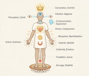 Schéma explicatif montrant un avatar féminin avec les zones de douleurs diffuses liées à la fibromyalgie