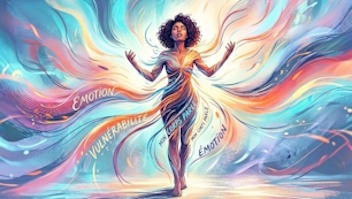 Le langage du corps : Une illustration lumineuse aux tons pastels et dorés montrant une femme rayonnante, les bras ouverts, dont le corps libère des flux d'énergie colorés symbolisant ses émotions et sa vulnérabilité.