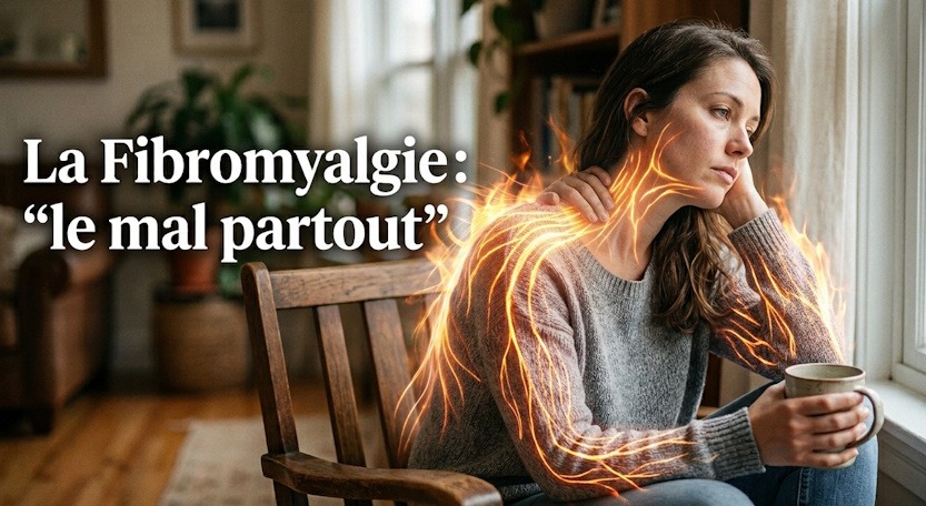 Femme souffrante avec des éclairs lumineux sur son corps pour symboliser la douleur. Texte : « La Fibromyalgie : 'le mal partout' ».
