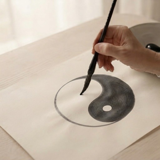 Un personnage dessiné dans un style semi-réaliste est assis près d'une grande baie vitrée offrant une vue sur les collines de la Haute-Garonne, avec devant lui une table ronde supportant une feuille au symbole yin yang et des crayons