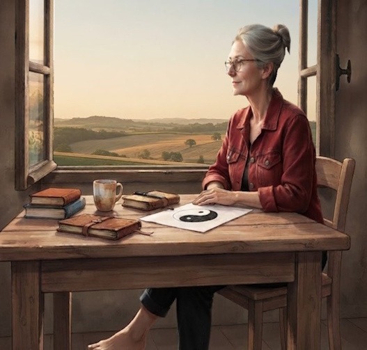 Une femme aux cheveux gris, portant des lunettes et une veste rouge, est assise à une table en bois et regarde par la fenêtre un paysage vallonné, tandis qu'une feuille avec le symbole yin yang repose devant elle.