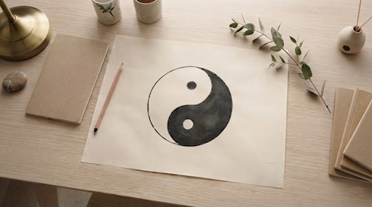 Une feuille de papier posée sur un bureau en bois clair présente un dessin dessiné à la main du symbole yin yang, entouré de tasses et de branches d'eucalyptus.