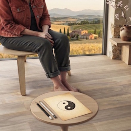 Un personnage dessiné dans un style semi-réaliste est assis près d'une grande baie vitrée offrant une vue sur les collines de la Haute-Garonne, avec devant lui une table ronde supportant une feuille au symbole yin yang et des crayons