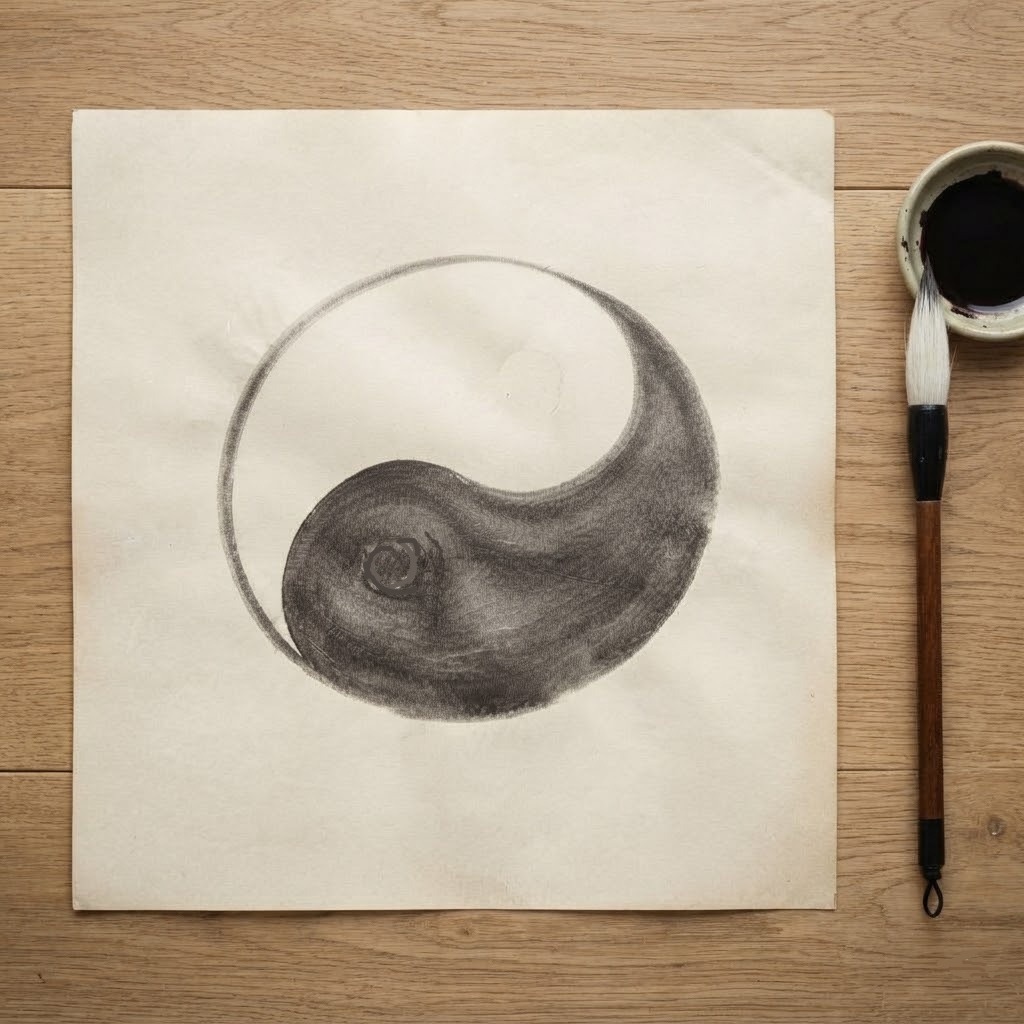 Dessin au pinceau d'un symbole yin yang sur une feuille de papier posée sur une table en bois.