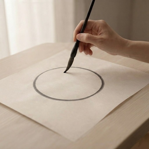 Un personnage dessiné dans un style semi-réaliste est assis près d'une grande baie vitrée offrant une vue sur les collines de la Haute-Garonne, avec devant lui une table ronde supportant une feuille au symbole yin yang et des crayons