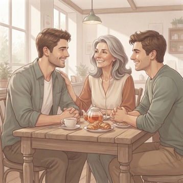 Mère partageant un moment complice avec son enfant devenu adulte, illustrant une nouvelle relation fondée sur la confiance et l’autonomie.