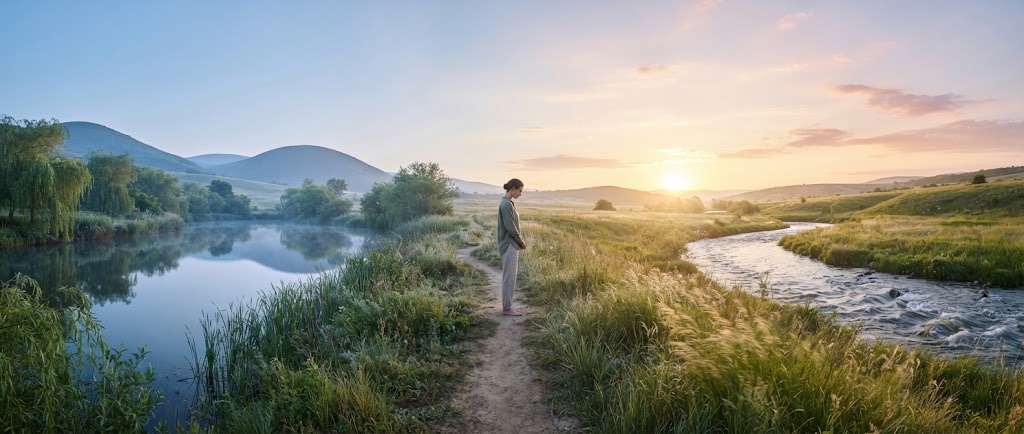 Une vue panoramique d'un paysage naturel au lever ou au coucher du soleil. Au centre, une personne debout sur un chemin incarne le yin yang équilibre, séparant un lac calme sur la gauche et une rivière agitée sur la droite.