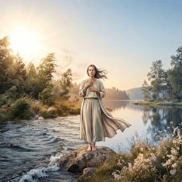 Photographie poétique d'une femme en robe longue debout sur un rocher entre une rivière agitée et un lac calme, illustrant le yin yang équilibre et l'harmonie avec la nature.