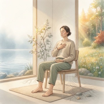 Illustration éditoriale d'une personne assise confortablement sur une chaise lors d'une séance de sophrologie, incarnant le yin yang équilibre à travers la respiration et l'ancrage.
