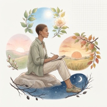 Illustration éditoriale d'une personne observant les cycles de la nature pour illustrer le yin yang équilibre, entourée de motifs de saisons, de lumière et de nuit.