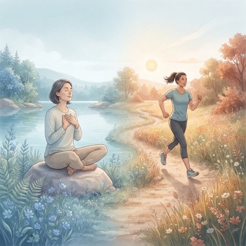 Illustration éditoriale montrant deux scènes complémentaires dans un paysage naturel : une personne assise en méditation à gauche (yin) et une personne en pleine course à droite (yang), illustrant le yin yang équilibre.