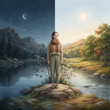 l'équilibre Yin et Yang dans la nature Illustration poétique et contemporaine d'une personne debout au centre d'un paysage naturel symbolisant le yin yang équilibre, entre ombre et lumière, calme et mouvement.