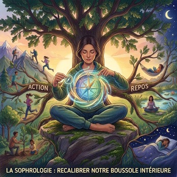 Illustration de sophrologie représentant une femme ajustant une boussole intérieure pour retrouver son équilibre au quotidien entre action et repos.