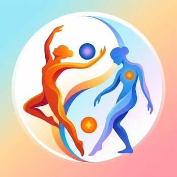 Illustration de deux silhouettes humaines stylisées dansant en cercle pour symboliser la complémentarité du Yin et du Yang, illustrant une approche dynamique pour retrouver son équilibre au quotidien.