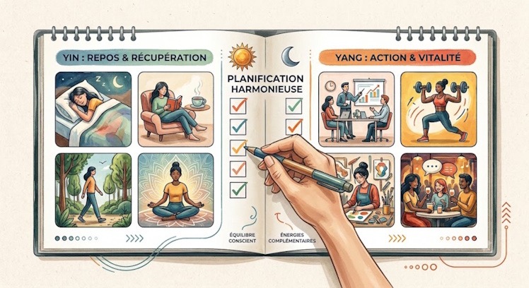 Un calendrier mural stylisé montrant une planification consciente pour retrouver son équilibre au quotidien entre activités de repos et moments d'action.