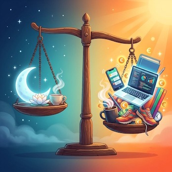Balance déséquilibrée pour symboliser la difficulté de retrouver son équilibre au quotidien entre les sollicitations numériques, le travail et le besoin de sérénité.
