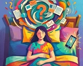 Une femme souffrant d'insomnie et de ruminations mentales qui bloquent son sommeil pendant la nuit.