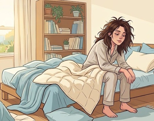 Une femme fatiguée et ébouriffée assise au bord d'un lit en désordre après une mauvaise nuit de sommeil.