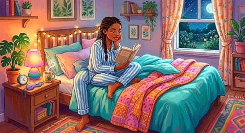 Une jeune femme détendue lisant un livre dans son lit avec une tasse de thé pour favoriser un sommeil réparateur.