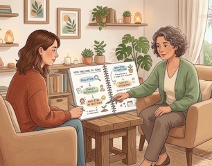 Une personne écoute un professionnel, découvrant le planning pour se détendre et intégrer la relaxation dans son quotidien.