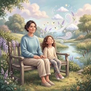 Une mère et sa fille se détendent sur un banc dans un jardin, avec des éléments imaginaires flottant autour d'elles.
