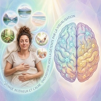 Illustration montrant une femme endormie qui visualise la nature pour se détendre, à côté d'un diagramme cérébral actif.