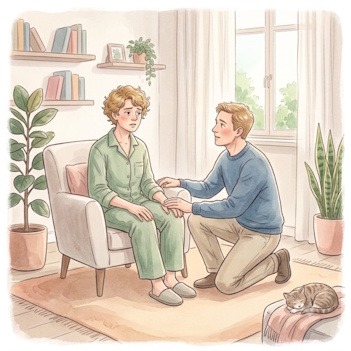 Illustration montrant un jeune homme agenouillé avec bienveillance près d'une jeune femme assise dans un fauteuil, fatiguée et crispée, illustrant la difficulté de se détendre en cas de douleur chronique.