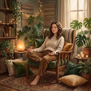 Une femme assise en tailleur dans un fauteuil, les yeux fermés, s'adonne à la méditation pour se détendre dans un salon rempli de plantes et de lumières douces.