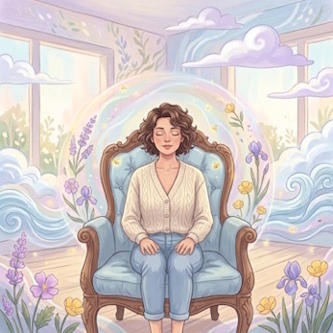 Une illustration d'une jeune femme assise sur un fauteuil, les yeux fermés, entourée d'une bulle lumineuse avec des fleurs et des nuages pour s'aider à se détendre.