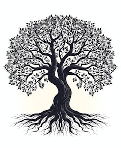 Dessin détaillé en noir et blanc d'un arbre de vie symbolique avec des racines exposées, un tronc tressé et une couronne de feuilles circulaire, sur un fond de papier texture.