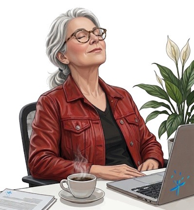 Portrait d'une femme, en pleine séance de respiration consciente au bureau, les yeux fermés et le visage levé, portant une veste en cuir rouge. Elle est assise à son bureau avec un ordinateur portable.