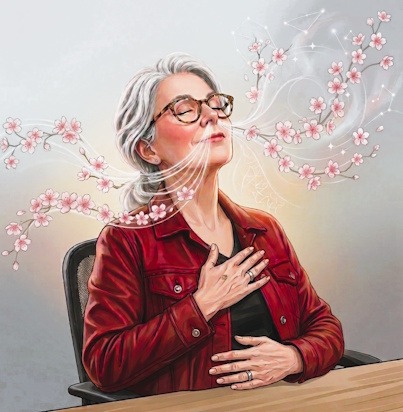 Personne assise, une main sur la poitrine et l'autre sur le ventre, avec une visualisation de fleurs de cerisier du Japon illustrant le flux de l'inspiration et de l'expiration.