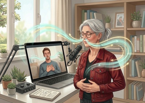 Une sophrologue et son client sur un écran d'ordinateur effectuent simultanément des exercices pratiques de respiration guidée, matérialisés par des flux d'air lumineux.