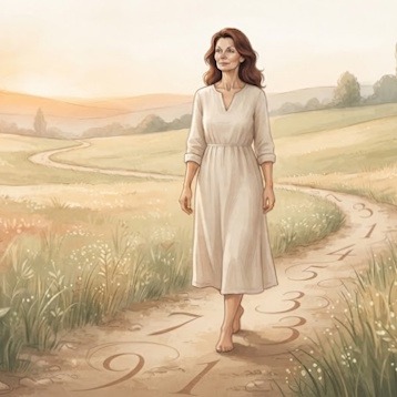Femme marchant sereinement dans un paysage naturel au lever du soleil, illustrant l'équilibre final entre numérologie, sophrologie et pleine conscience.
