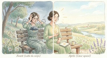 Illustration thérapeutique en deux volets montrant la transformation intérieure d'une femme. À gauche, son corps est entravé par des ronces et un nuage d'orage sous un ciel sombre, exprimant la souffrance. À droite, elle est libérée, sereine et rayonnante face à un paysage ensoleillé, un cœur lumineux et une fleur de lotus symbolisant l'apaisement.