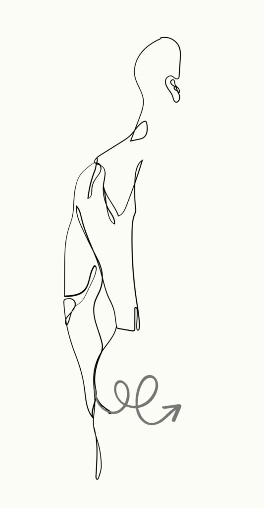 Un personnage ébauché en fils symbolise le corps et l’esprit qui se dessinent peu à peu, à travers les signaux de fatigue et les messages intérieurs.