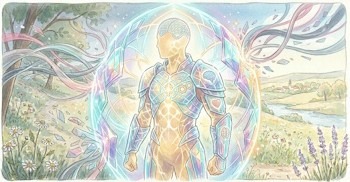 Illustration d’une silhouette humaine entourée d’une armure lumineuse symbolisant les mécanismes de protection du corps et du mental face au changement.