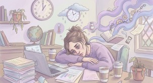 Illustration aux tons pastels d'une femme épuisée, la tête posée sur ses bras au milieu d'un bureau encombré de dossiers et de tasses de café. Des lignes de fumée violette s'échappent de sa tête, symbolisant la fatigue mentale qui submerge son corps.