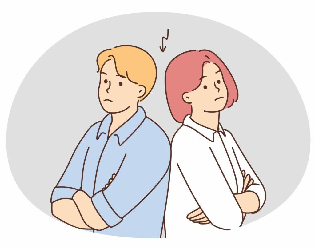 Deux silhouettes humaines tournées l’une vers l’autre mais dos à dos, symbolisant le refus de dialogue ou d’introspection.