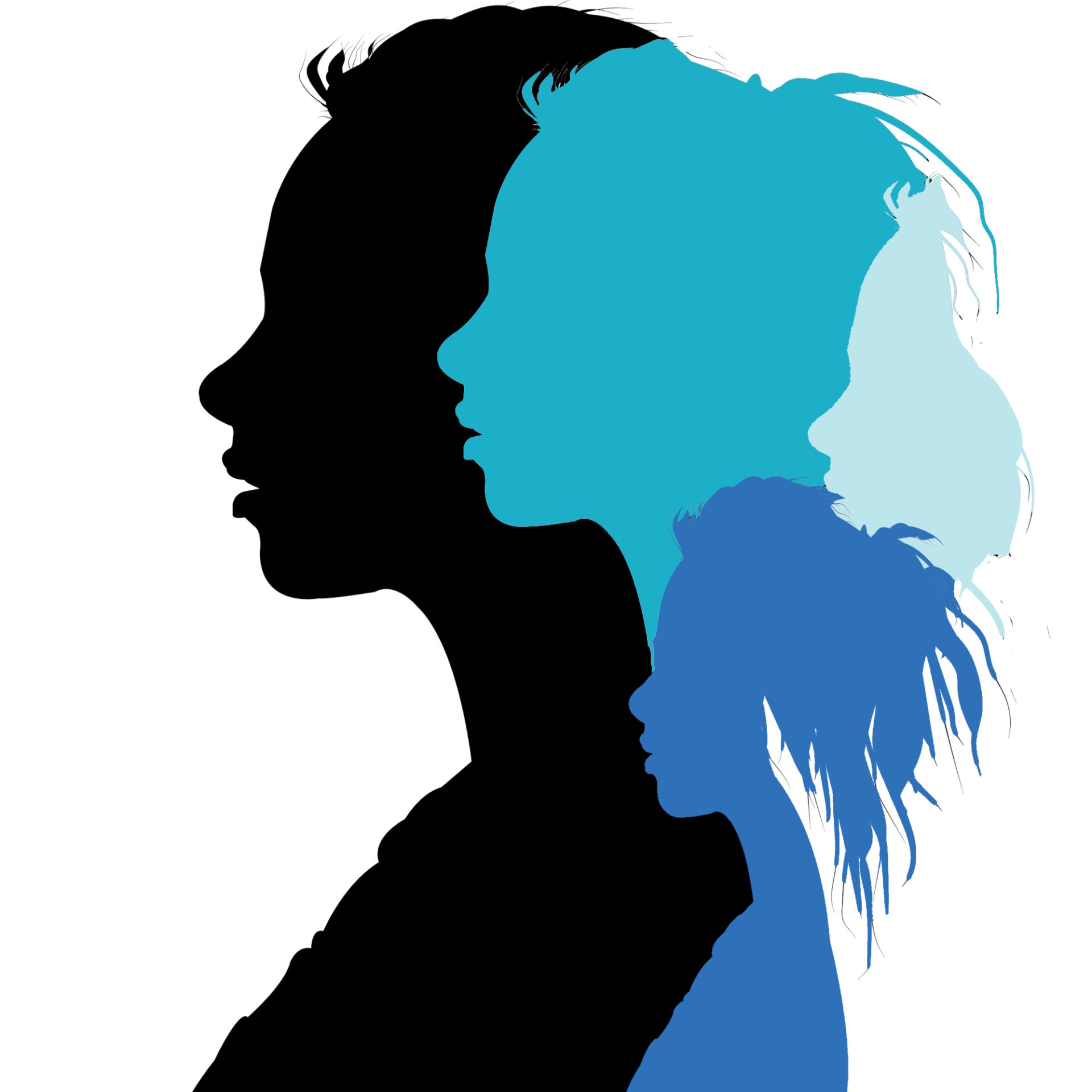 Portrait en clair-obscur d’un visage humain, avec plusieurs versions identiques du même visage superposées à l’intérieur de la partie sombre.