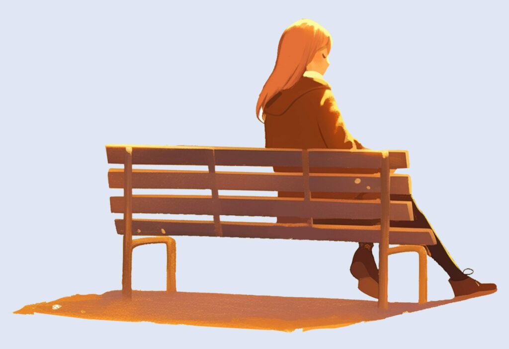 Femme assise de dos sur un banc dans un environnement calme, posture immobile et contemplative, évoquant une pause introspective.