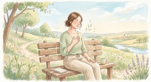 Illustration à l'aquarelle aux tons clairs d'une femme assise sereinement sur un banc en pleine nature, une main sur le cœur, symbolisant l'écoute des signaux de son corps et le retour à l'équilibre intérieur.