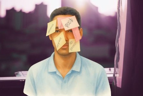 Homme de dos devant une fenêtre ouverte sur le printemps, entouré et recouvert de post-its colorés symbolisant de nombreuses tâches