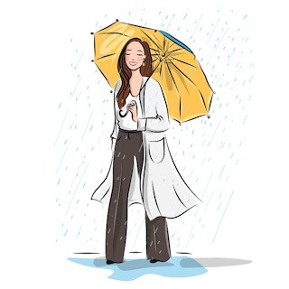 Illustration représentant une femme forte et résiliente, symbolisée avec un parapluie face aux défis. Femme debout sous la pluie avec un parapluie, souriante malgré les douleurs invisibles des femmes