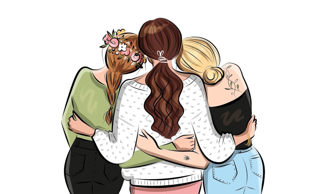 Groupe de trois femmes debout de dos, bras autour des épaules les unes des autres, symbolisant solidarité et soutien.