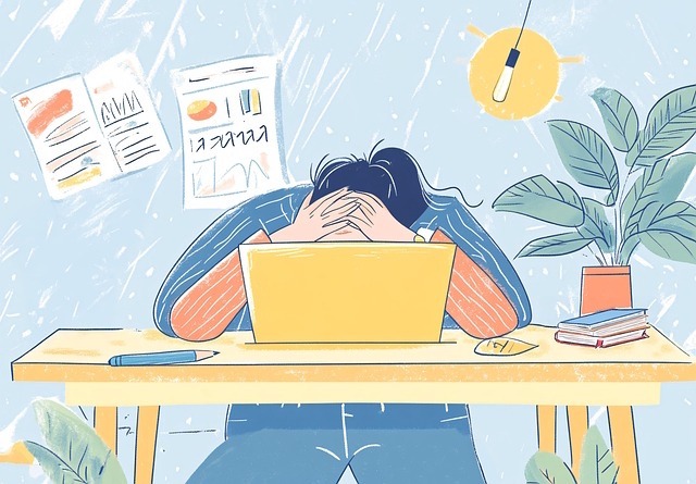 Femme fatiguée devant son ordinateur, tenant sa tête entre ses mains, signe d’une fatigue chronique liée au travail.