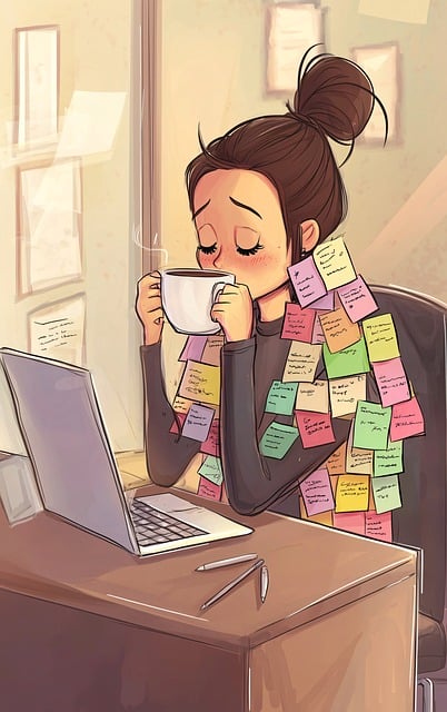 Femme débordée au travail avec des post-it collés sur elle, buvant du café, illustrant un état de fatigue et de surmenage.