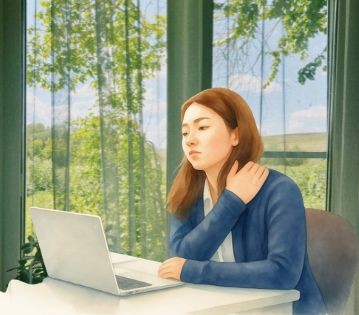 Femme assise devant son ordinateur, massant sa nuque avec une main pour soulager la tension