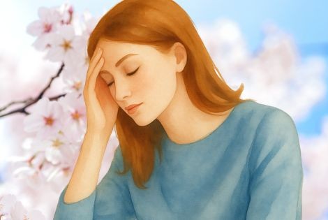 femme fatiguée au printemps dans un paysage fleuri manque d’énergie